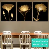Allernieuwste.nl SET van 3 st. Canvas Prachtige Gouden Bloemen - Goud-Zwart - SET 3x 40 x 50 cm
