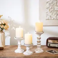 Vintage Kaarsenhouder stompkaarsen hout - set van 3 kandelaars voor kaarsen landhuis rustieke landhuisstijl decoratie woonkamer tafeldecoratie herfst lente tafel bruiloft, 10/15/21 cm