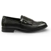 Infinity Leather Heren instappers met franjes van imitatieleer in zwart, model monk strap.