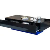 MODFU Salontafel 115×55×34 cm – Hoogglans zwart met LED-verlichting – 2 lades & opbergruimte – Modern design – Spaanplaat – Zwart – Woonkamer