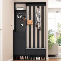 MODFU Kapstok 100x35x180 cm van MDF, vrijstaand met zitbank en prikbord, zwart