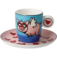 Goebel - Ed Heck | Kop en schotel Espresso When Pigs Fly | Porselein - 12cm - 100ml - 2 stuks