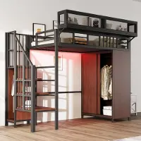 STILVORA Hoogslaper 90x200 cm – Met Kledingkast Met Schuifdeuren – Ledverlichting Met Appbediening – Opbergladder – Zonder Matras – Zwart