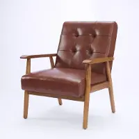 Merax Leren Fauteuil Met Houten Armleuningen - Loungestoel Voor Woonkamer En Kantoor - Rubberhouten Poten - Bruin - 64 x 80 x 83 cm