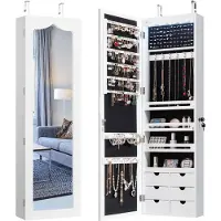 Costway Sieradenkast met ledverlichting, 6 laden en spiegel, simpelkast hangend, hangkast voor deur en wandmontage, afsluitbaar
