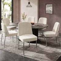 MODFU Eetkamerstoel set van 6, gestoffeerd beige fluweel, verchroomd metalen frame, met verdikt zitkussen