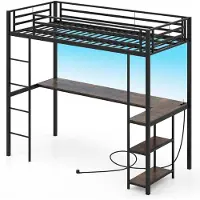 Costway Hoogslaper met bureau, 90 x 200 cm, stapelbed met ledverlichting, laadstation en 2 planken, stapelbed van metaal, kinderbed met veiligheidsleuning en ladder, tienerbed