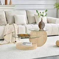 OKWISH Salontafel – Tweelaags Design Met Veiligheidsglas – Voor Woonkamer – MDF Met Lichte Houtnerf Transparant – Diameter 70/50 Cm