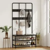 MODFU Luxe 3-in-1 Industriële Kapstok met Zitbank & Schoenenrek (91 cm) - Halmeubel met 6 Haken - Zwart
