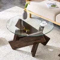 OKWISH Salontafel Rond – Gehard Glazen Tafelblad – Kruispoot Onderstel – Voor Woonkamer En Leeshoek – MDF Walnoot – 79×45 Cm