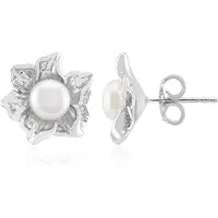 Cavill - Zilveren Oorbellen met Witte Zoetwater Kweekparels - 925 Sterling Zilver Gerhodineerd - Elegant Bloemdesign - 13 mm Rond Parelstuds