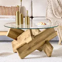 OKWISH Salontafel – Ronde Glazen Tafel – 79 Cm Diameter – Kruispoot Onderstel – Voor Woonkamer En Leeshoek – MDF Houtlook Transparant