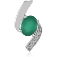 Cavill - Zilveren Hanger - 925 Sterling Zilver Geplatineerd - Groene Onyx 1,395 ct Ovaal + 6 Zirkonia 0,12 ct - Elegant Dames Sieraad 22x12 mm