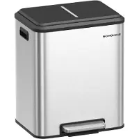 Songmics Dubbele keukenafvalbak – Staal – Metallic zilver – Deksel met softclose-systeem en binnenemmers
