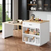 STILVORA Bartafel - Uitschuifbaar Met Opbergruimte En Lade - Keukeneiland Voor Koken En Eten - MDF - Wit - 133-202x70x93,5 Cm