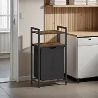 Songmics Wasmand – Hout en stof – Rustiek bruin en zwart – Uittrekbare wasmand met 2 schappen, inhoud 65 liter