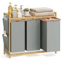 Songmics Wasmand – Stof – Duifgrijs – 3 compartimenten met plank en vakken, inhoud 150 liter