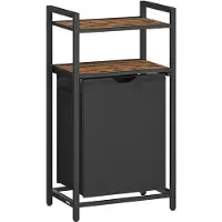 Songmics Wasmand – Hout en stof – Rustiek bruin en zwart – Uittrekbare wasmand met 2 schappen, inhoud 65 liter