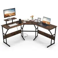 Costway Bureau L-vorm, omkeerbaar hoekbureau met monitorstandaard en laadstation, hoektafel, gaming-computertafel, kantoortafel voor thuiskantoor (rustiek bruin)