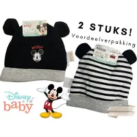 Disney Mutsjes Mickey Mouse - - Mutsjes - 2 Stuks - Muts met Oortjes Voor Baby's - Zwart - Zwart Wit Gestreept - Maat 74/80