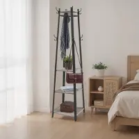 Songmics Kapstok – Staal – Grijsbeige en zwart – Vrijstaande kapstok met 3 planken en haken