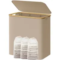Songmics Wasmand - 150 liter - 3 compartimenten - Met deksel - Camelbruin