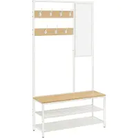 Mazazu Kapstok met Schoenenrek & Bank – Inclusief Spiegel en Haken – Halmeubel Modern – 98 cm Breed – Eiken/Wit