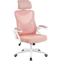 Yaheetech bureaustoel Ergonomisch, bureaustoel met opklapbare armleuningen, draaistoel met rugleuning en verstelbare hoofdsteun, belastbaar tot 136 kg - Roze/wit