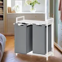 Songmics Wasmand – Stof – Grijs en wit – 2 vakken met uitneembare zakken en plank, 2 x 46 L