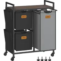 Songmics Wasmand met 3 compartimenten – Geperst hout – Kastanjebruin – Rolwagen met planken en uitneembare binnenbekleding