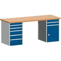 Bott Cubio werkbank, koperen beukenhouten blad, B 2000 x D 750 x H 840 mm, tot 1200 kg, stalen frame, 7 laden, lichtgrijs/gentiaanblauw