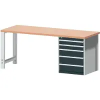 Bott cubio werkbank, met ladekast, rood beukenhout, B 2000 x D 750 x H 840 mm, antraciet/lichtgrijs RAL 7035, 700 kg