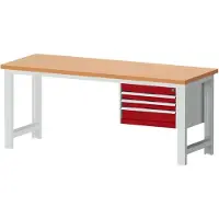 Bott cubio werkbank, handmatig in hoogte verstelbaar, werkblad rood beuken 40 mm, B 2000 x D 750 x H 740-1140 mm, staal, lichtgrijs/paars, 3 laden, draagvermogen 1200 kg