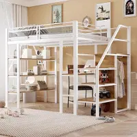 MODFU Hoogslaper 140x200 cm van metaal – wit – met bureau, kledingkast en opbergrek – multifunctioneel voor tieners