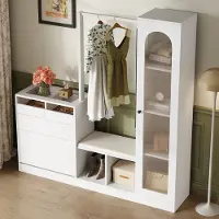 OKWISH Entreecombinatie – Multifunctionele Garderobeset Met Kaptafel En Schoenopslag – 163x50x161 cm – Met Kleurenwisselende LED – Spaanplaat Wit