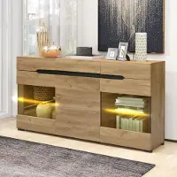 STILVORA Dressoir - Met App-Gestuurde LED En Acryldeuren - 3 Deuren 3 Lades Voor Woonkamer En Presentatie - Spaanplaat - 140x35x80 cm - Lichtbruin