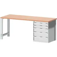 Bott cubio werkbank, met ladekast, rood beukenhout, B 2000 x D 750 x H 840 mm, 700 kg, lichtgrijs RAL 7035