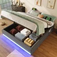 SINGULARITY -Gestoffeerd bed- 140x200cm- afstandsbediening LED-strip- met USB en Type-C- hydraulische opbergfunctie- zonder matras- grijs- zonder matras
