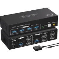 NÖRDIC KVM Switch - HDMI 2.1 - 8K60Hz/4K120Hz - 2 PC’s delen 4x USB-A 3.1 - 2 Externe Schermen