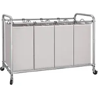 Ama Wasmand 4 Vakken - Wassorteerder - Waszak - Bamboe Frame - Grijs - ‎100x43x80cm