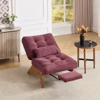 OKWISH Loungestoel - Verstelbare Rugleuning & Lendenkussen - Ribfluweel 1-Zits Met Voetsteun - Massief Hout - Modern Voor Woonkamer - Rood