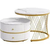 MODFU Salontafel set 60*60*46 cm + 50*50*30,8 cm van MDF, wit met hoogglans marmerlook en 2 lades, set van 2