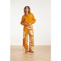 Smashed Lemon Wijde pantalon met botanische blad print oker geel |