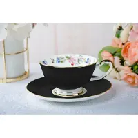 Marco polo Porseleinen Koffiekop met Schotel, Zwart met Bloemendecor, 200ml