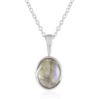 Cavill - Zilveren Halsketting - 925 Sterling Zilver - 1,71 ct Ovale Labradoriet Cabochon - Natuursteen uit Ghana - Elegant Design - 45 cm
