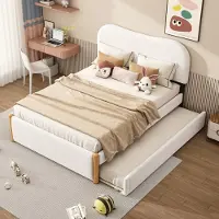 MODFU Gestoffeerd Bed met Onderschuifbed 140x200 cm – Uitschuifbaar 91x191 cm – Links/rechts plaatsbaar – Wit pluche – Minimalistisch