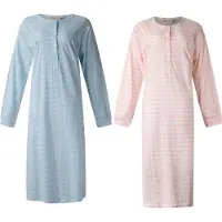 Lunatex - 2 dames nachthemden 5027 lange mouw - nachtjapon van 100% katoen - blauw en peach met print - maat L
