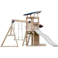 Axi Malik Compleet Speeltoestel met 2 Schommels, Glijbaan Wit | Speeltoren tuin met Zandbak en Speelwand / Glijbaan met wateraansluiting | Speelhuis van hout op palen voor buiten