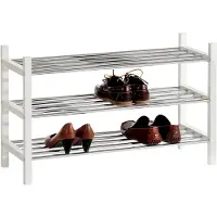 Idimex RESA schoenenrek met 3 verchroomde planken van metalen buizen, houten frame in wit, stapelbaar, stevig