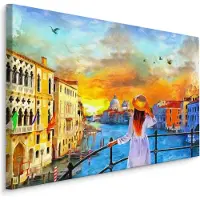 Karo-art Schilderij - Uitzicht over Venetië, Kleurrijke Print op Canvas
